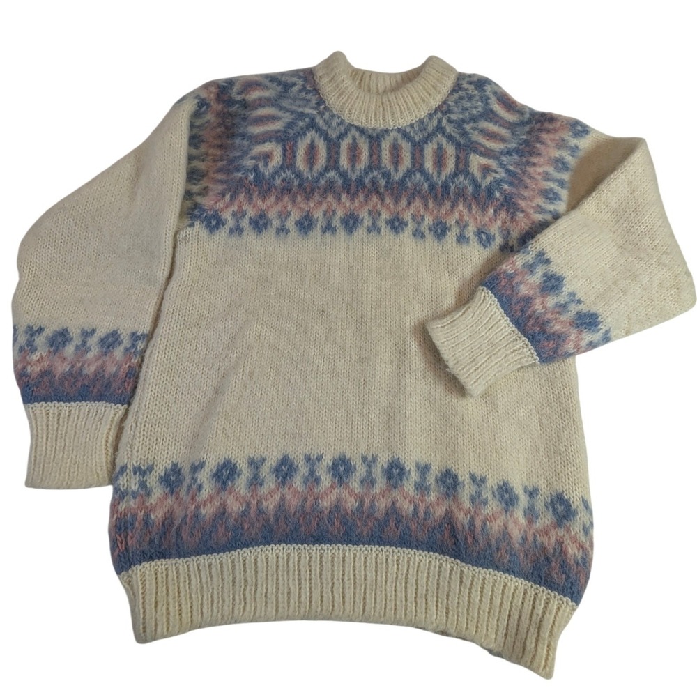 Vintage Stobi Denmark Fair Isle Sweater Men's L Cream Blue Pure‎ Wool